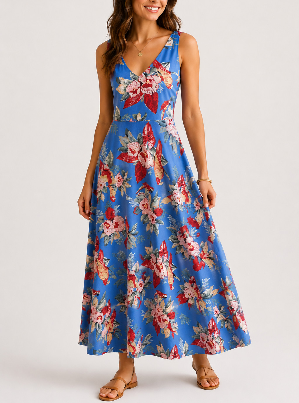 Chaps Ralph Lauren Tropical Floral Bird Print Maxi Dress Medium Hawaiian Coastal