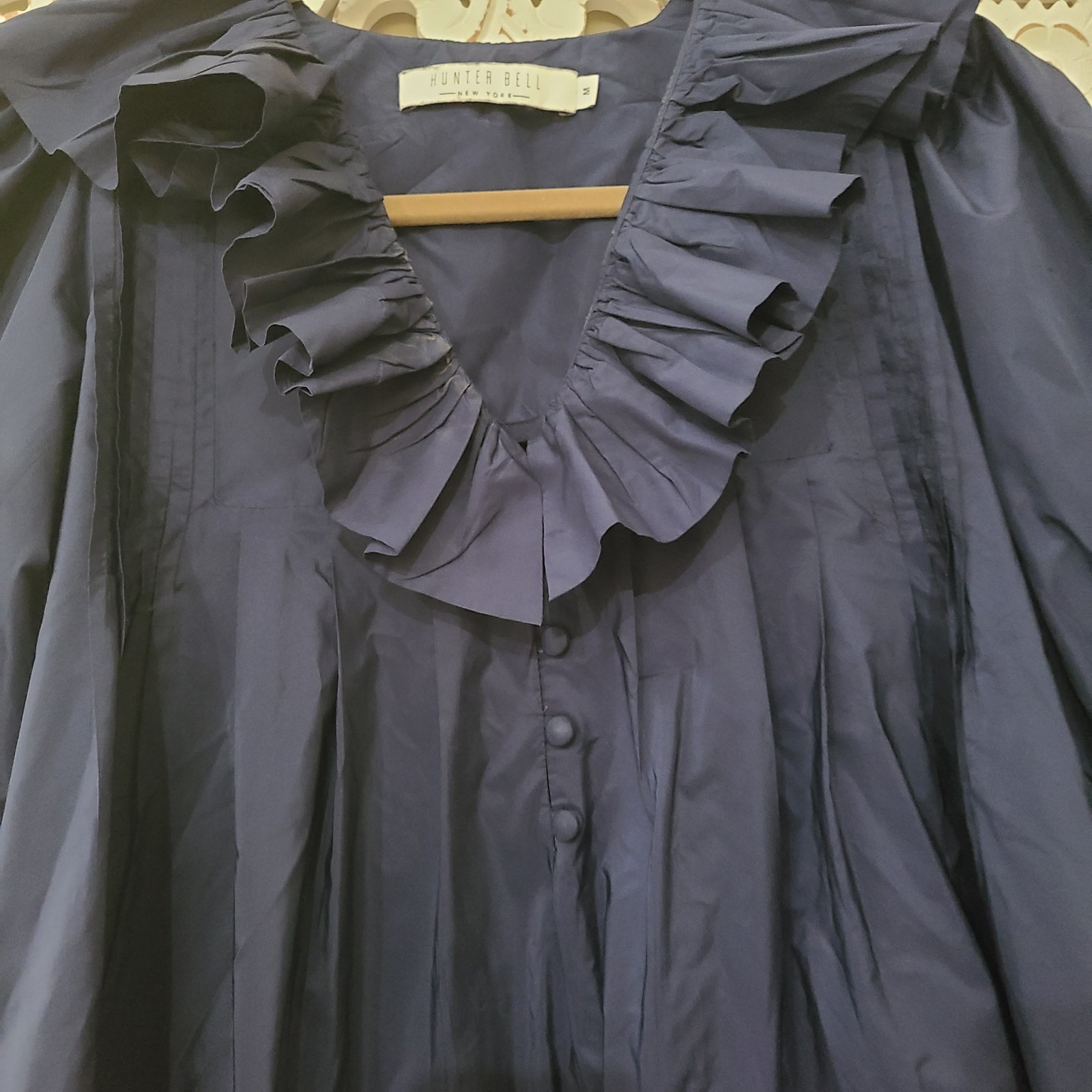 Hunter Bell Sullivan Ruffled Neck Puff Sleeve Mini Dress Navy Blue SZ Medium