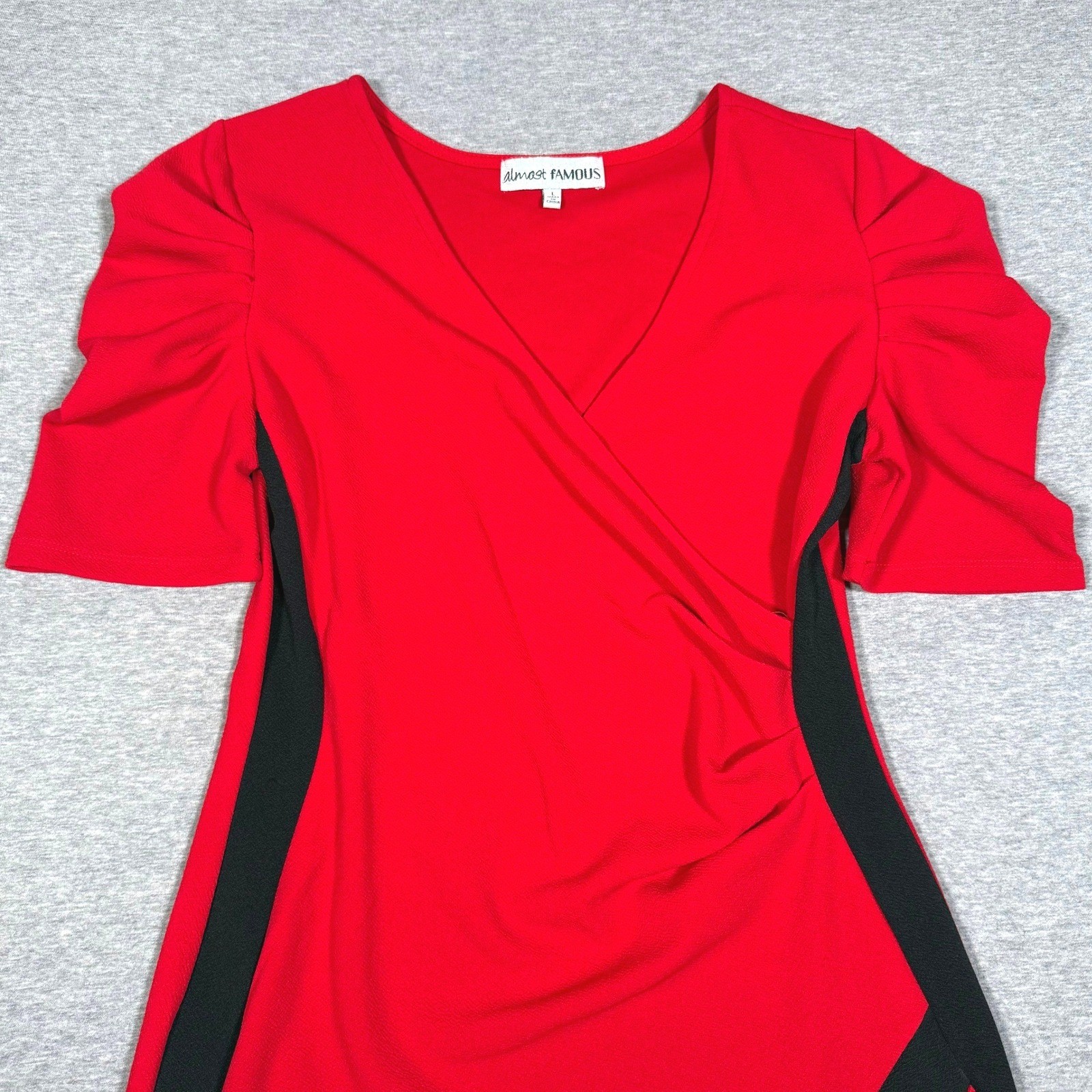 Almost Famous Red Black Colorblock Wrap Bodycon Dress Puff Sleeve Womens Large