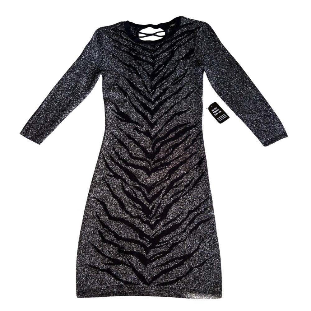 EXPRESS Dress Womens, Bodycon size Small, Silver and Black, Lace up back detail