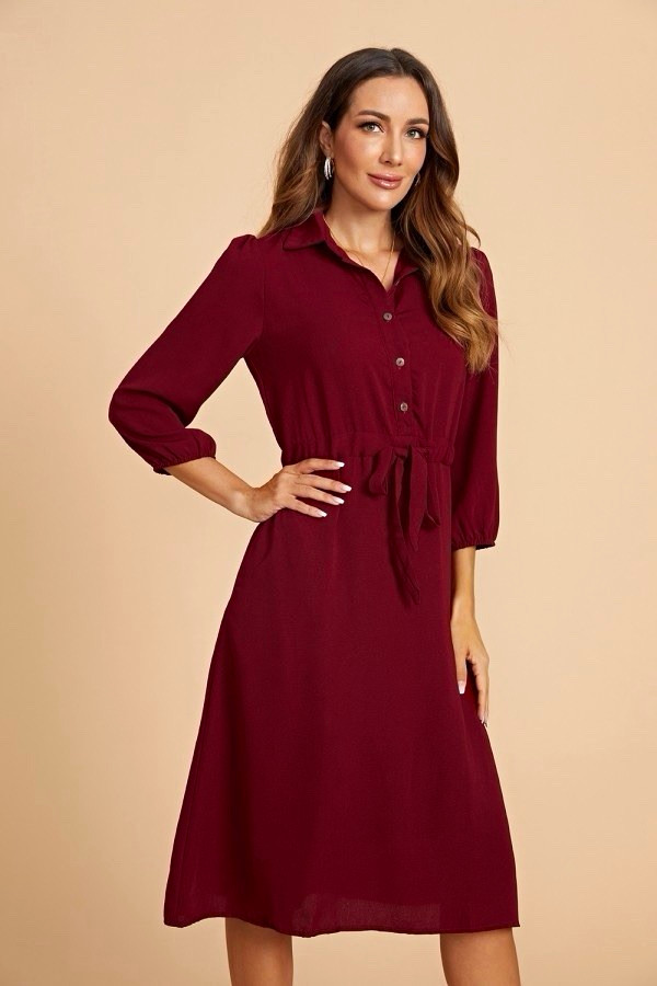 Burgundy Solid Shirt Dress Collared Button Tie Waist 3/4 Sleeve Midi Size S