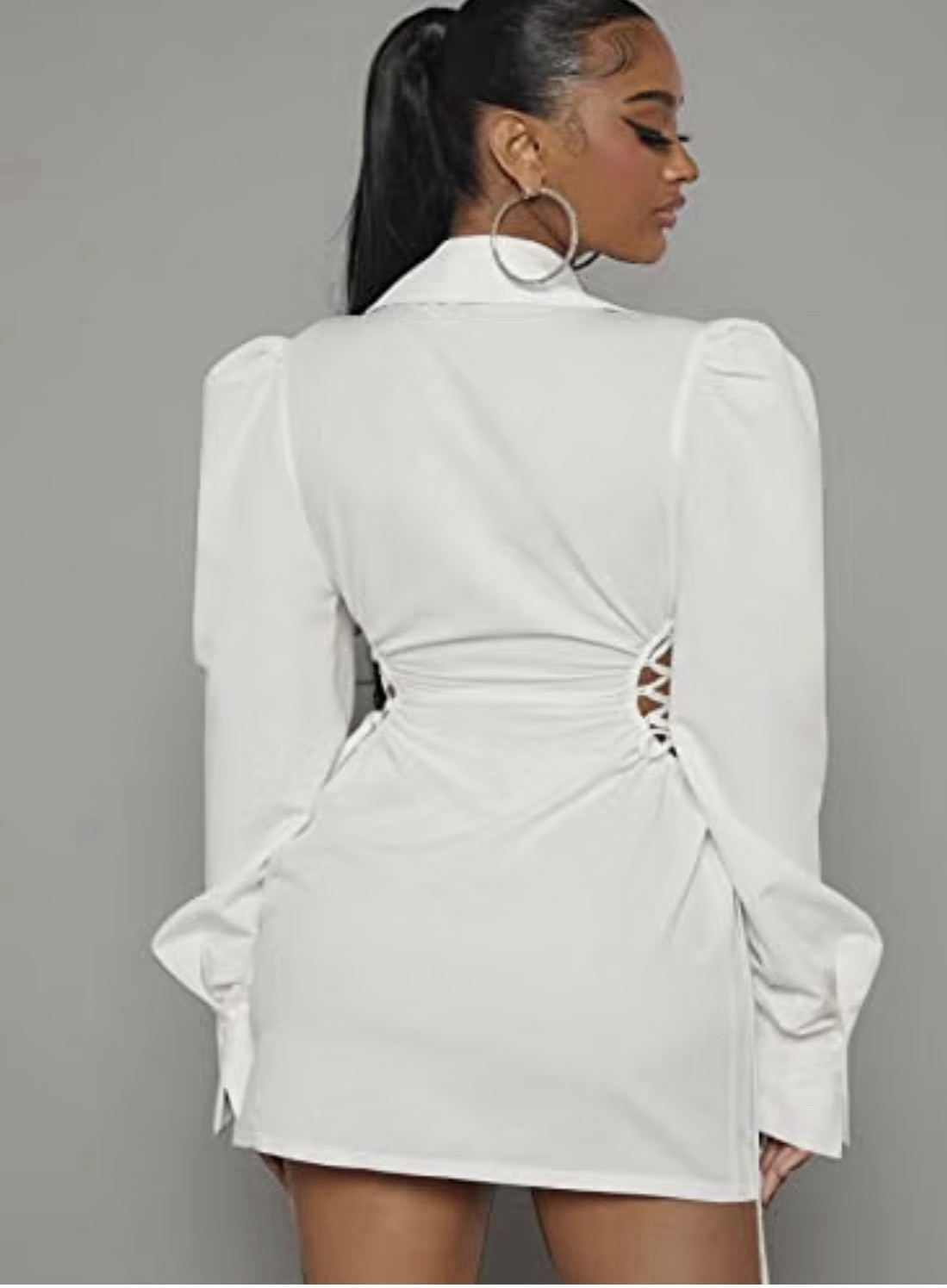 HAUTE Women’s White Collared Long Puff Sleeve Button Ruched Cut Out Mini L