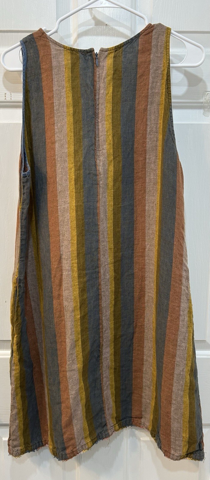 Garnet Hill Muted Stripe Linen Shift Dress Sz 12 Sleeveless Raw Hem Pockets