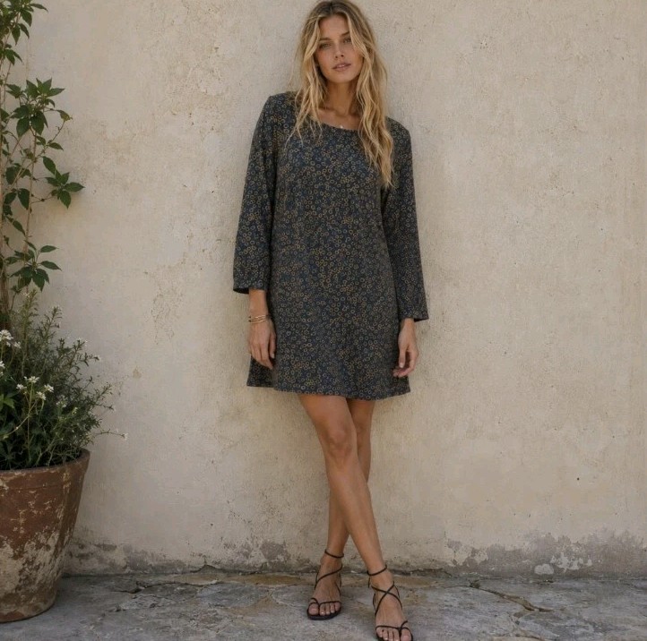 Mordenmiss Green Floral Mini Dress Cotton Blend Pockets Lagenlook Boho NWT Sz L