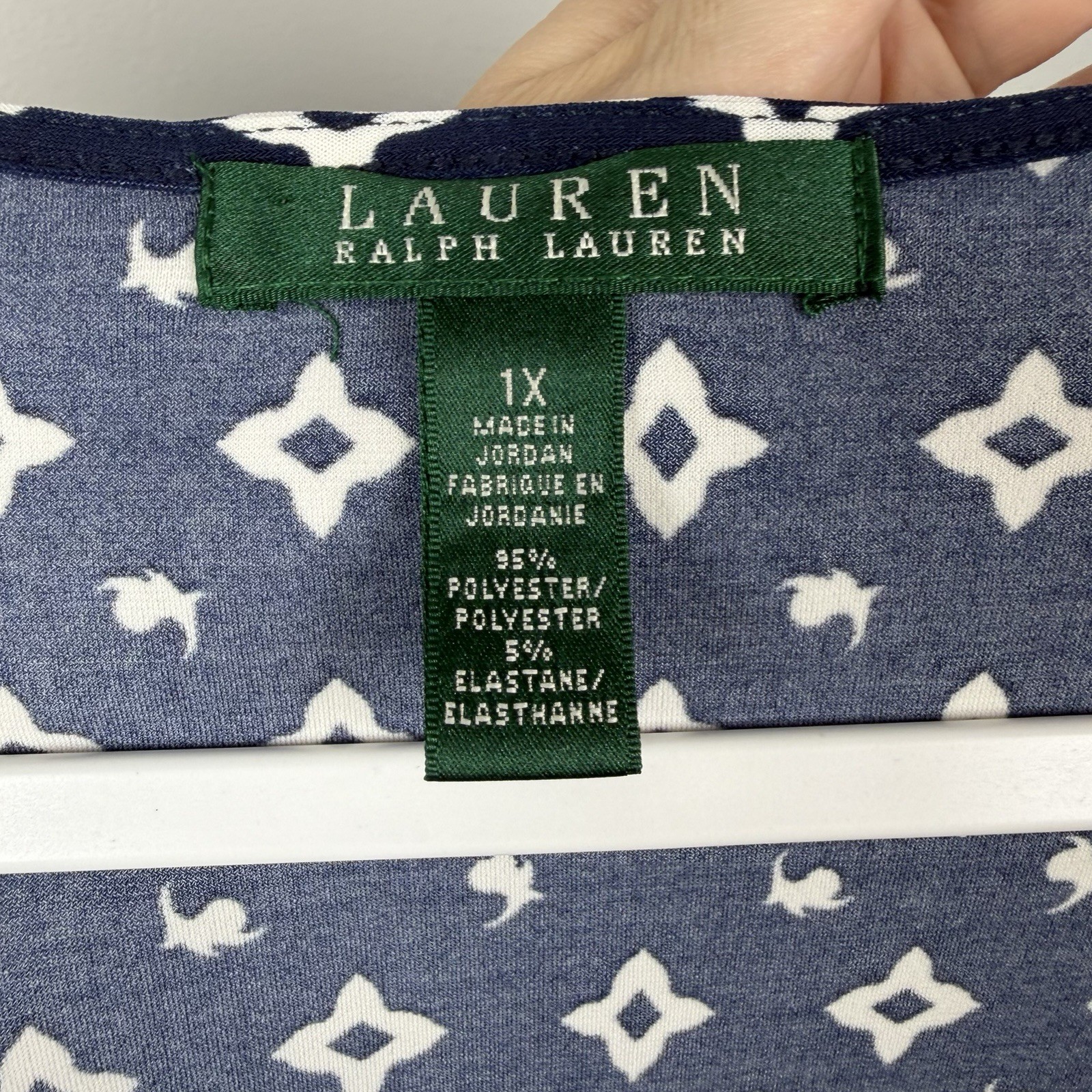 Lauren Ralph Lauren Jersey Knit Navy Blue White Ruched Midi Faux Wrap Dress 1X