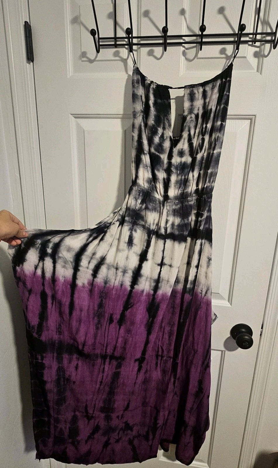 Fraiche By J Tie Dye Maxi Halter Slit Dress Large Purple Black White Made USA