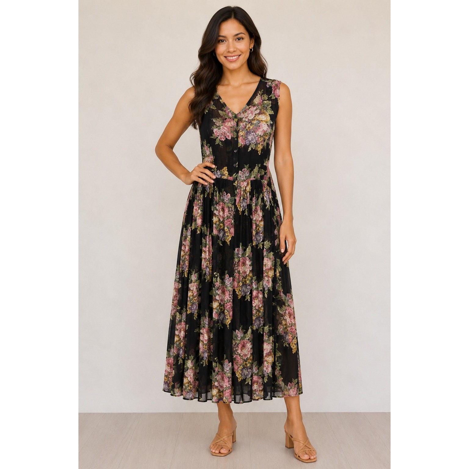 Nostalgia Black Floral Sheer Overlay Maxi Dress L 13/14 Boho Cottagecore vintage
