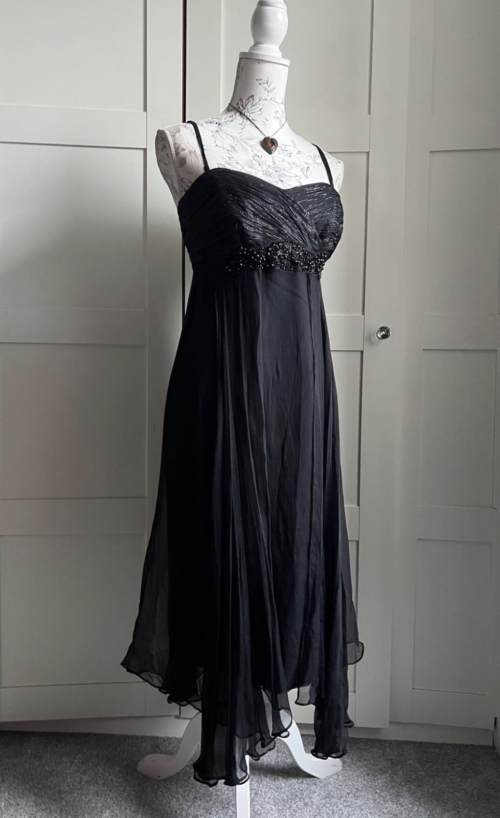 MONSOON Silk Black & Silver Evening Dress UK 12 Timeless Elegant Modern Classic