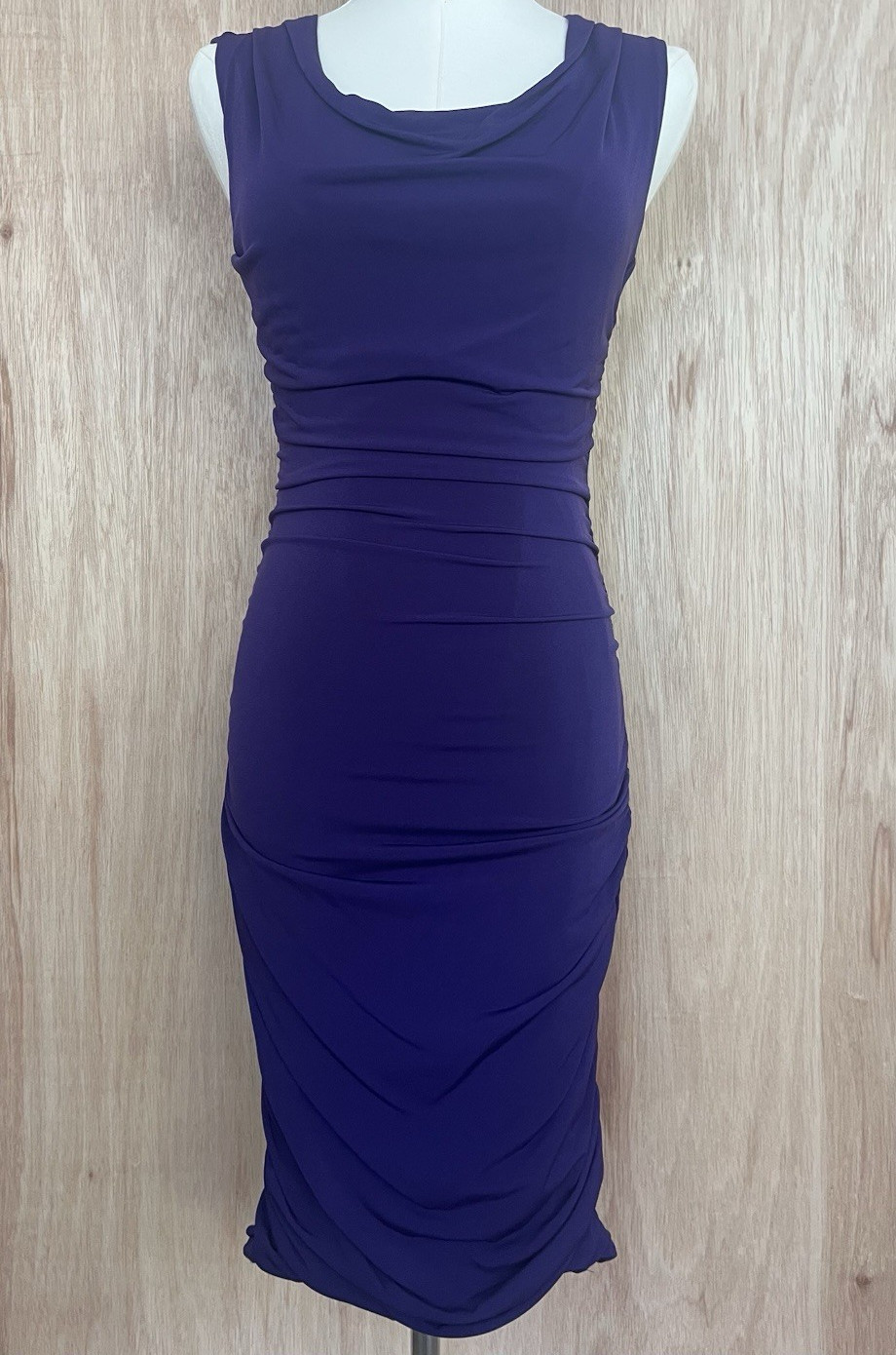 Saint Tropez West Royal Purple Ruched Midi Cowl Neck Sheath Bodycon Dress S 4