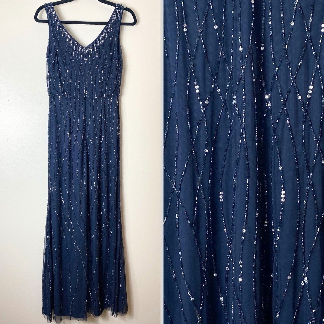 BHLDN ADRIANNA PAPELL DRESS 2 GOWN SEQUIN BEADED MIDNIGHT NAVY BLUE JEWEL MAXI