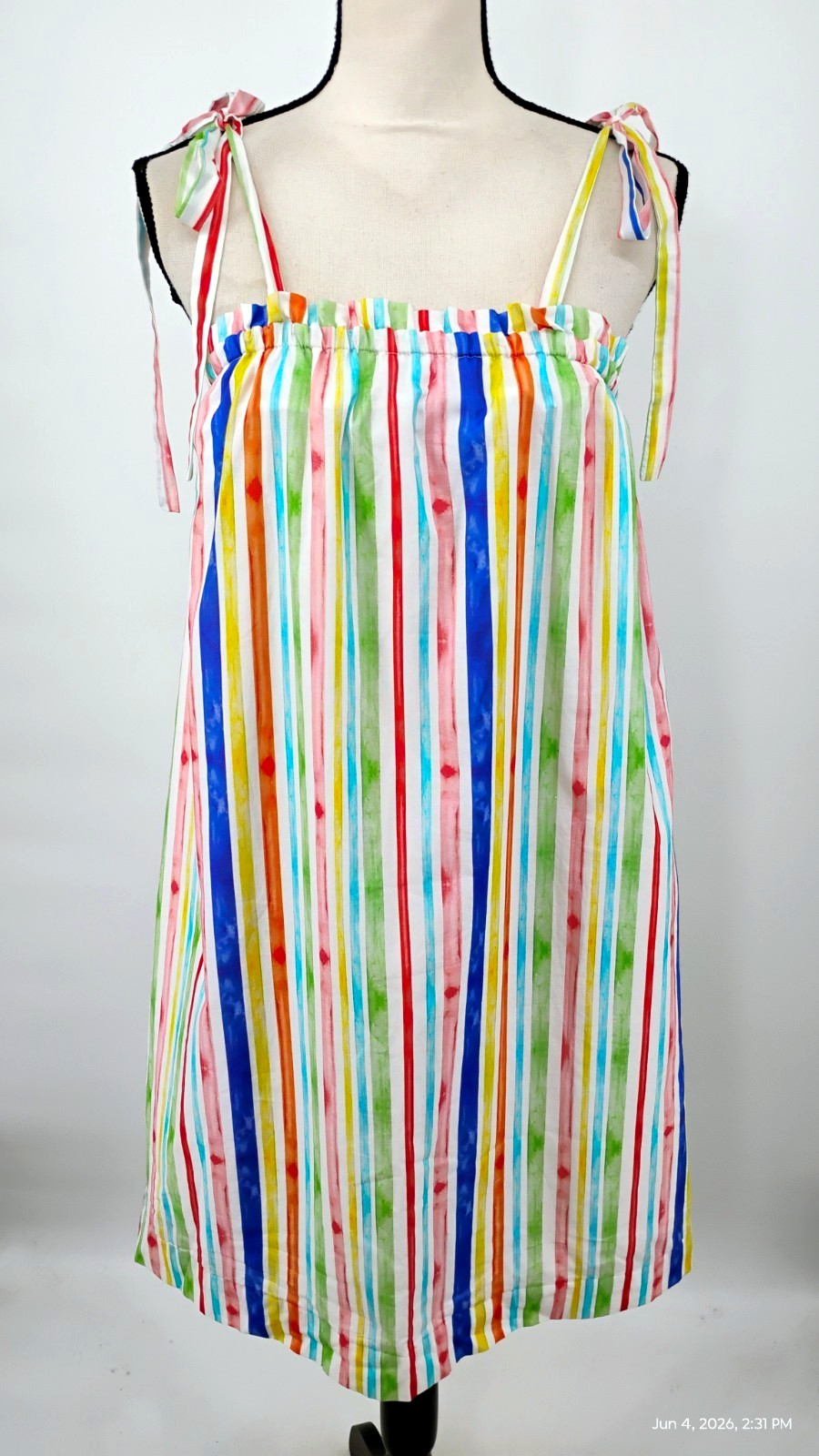 NEW $180 Brooke Wright Rainbow Stripe Dress 100% Cotton Spaghetti Straps Lined M