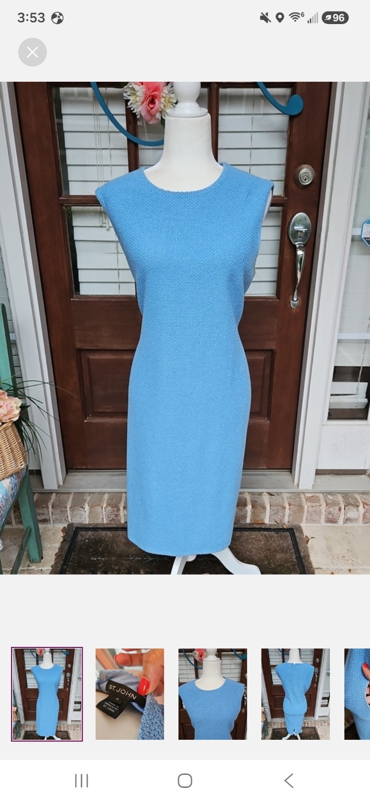 St. John Classic Light Blue Sheath Sleeveless Wool Midi Dress Size 14