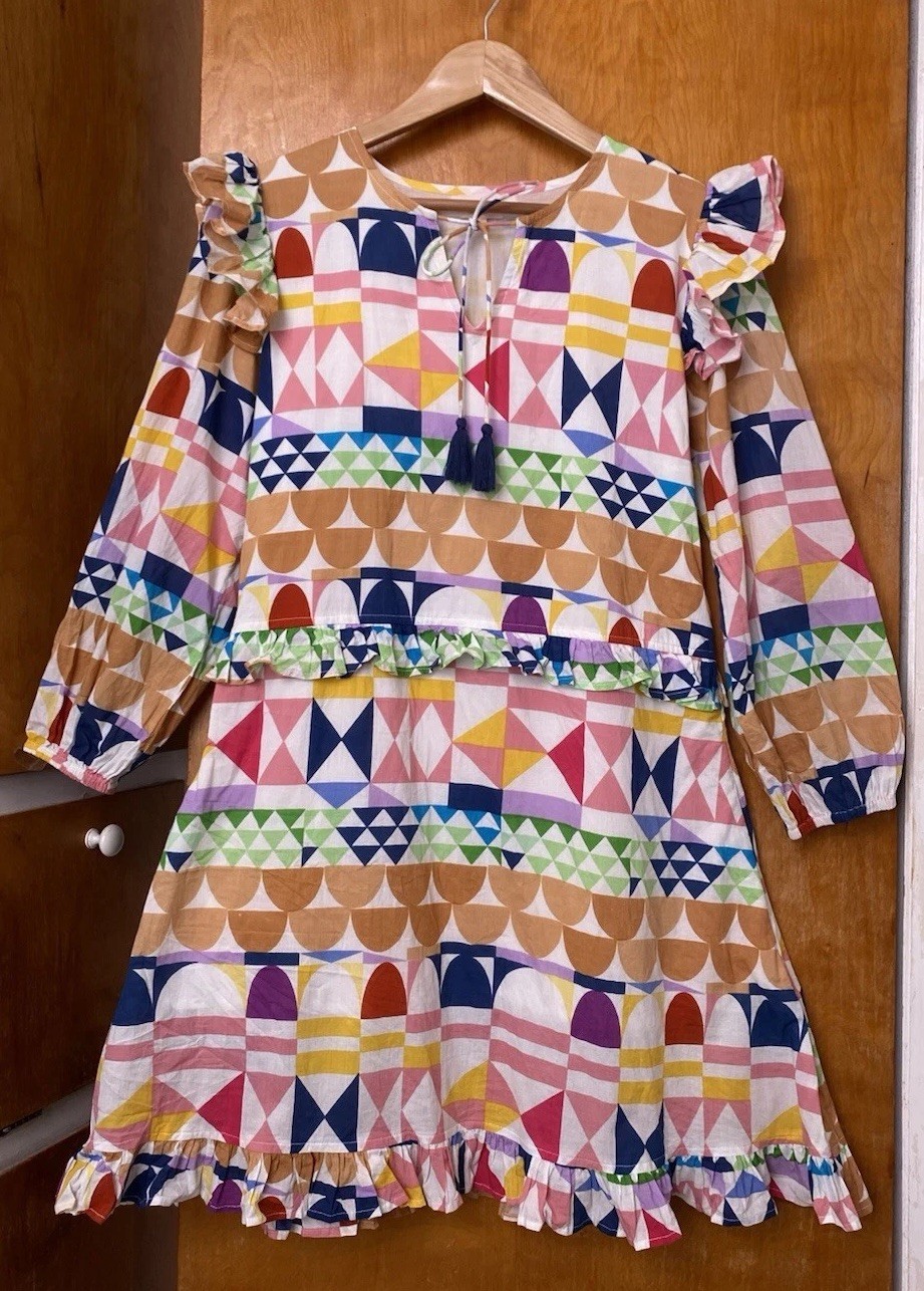 Sunshine Tienda Ruffle Sleeve Tiered Mini Dress Colorful Beach Geometric Sz S
