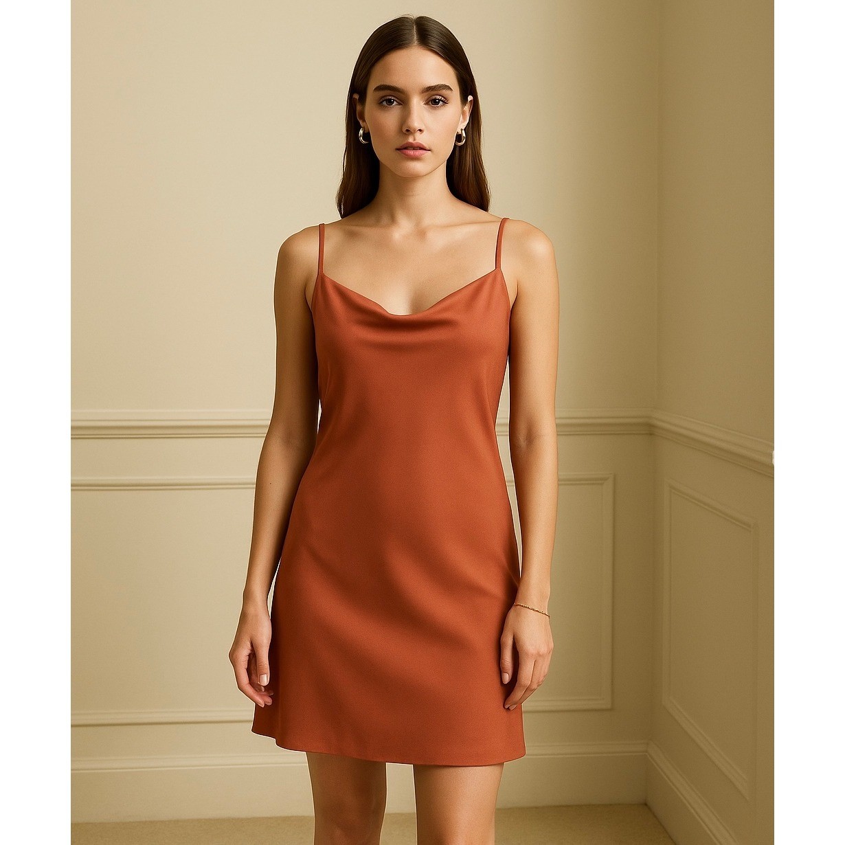 Terracotta Satin Slip Midi Dress Quiet Luxury Evening Minimalist Elegance 2