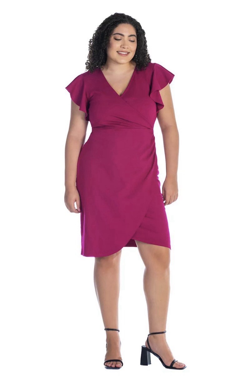 24seven Women’s Comfort Apparel Ruffle Sleeve Knee Dress-Magenta, Size-2X