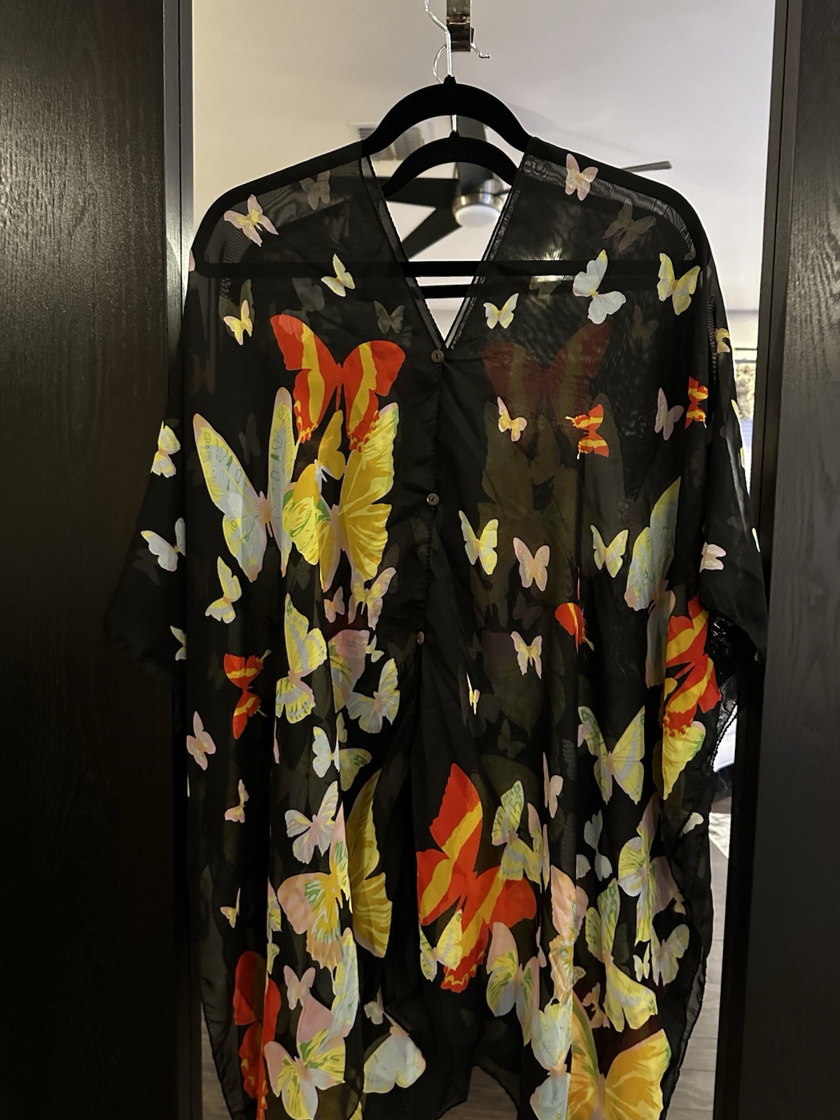 VTG : Black Butterfly Shape And Print Beach Wear, W : 40 “L 32”