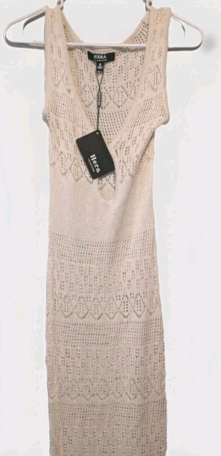 Hera Collection Crochet Knit Sleeveless Midi Dress Beige Small Boho Beach NWT