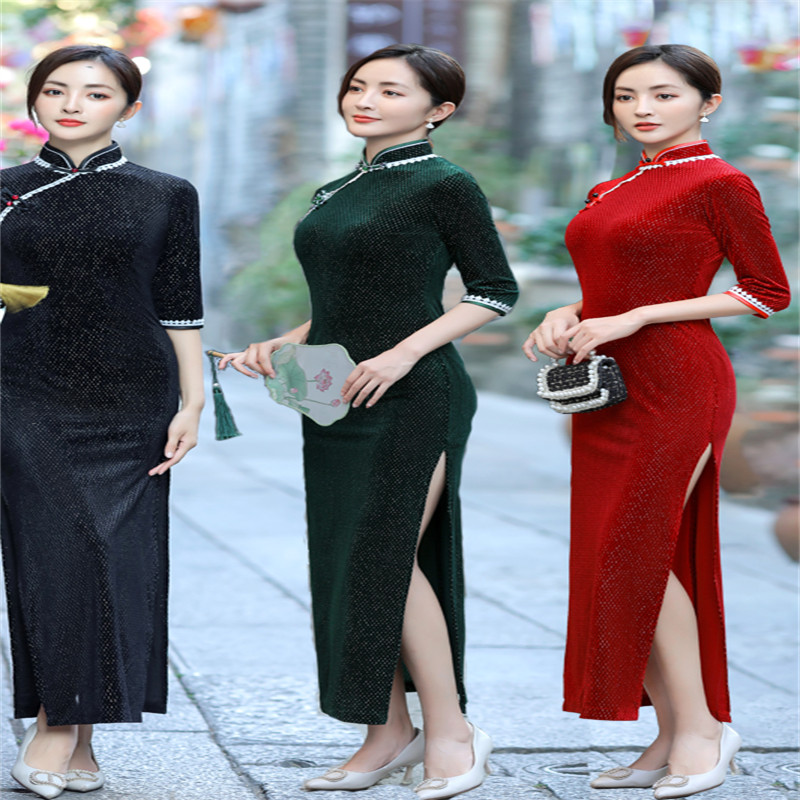 Young Lady Improved Cheongsam Split Shining Dress Long Velvet Qipao ChineseStyle
