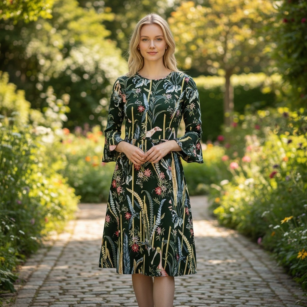 Ann Taylor Tropical Botanical Flamingo Print Bell Sleeve Fit Flare Dress Green 8