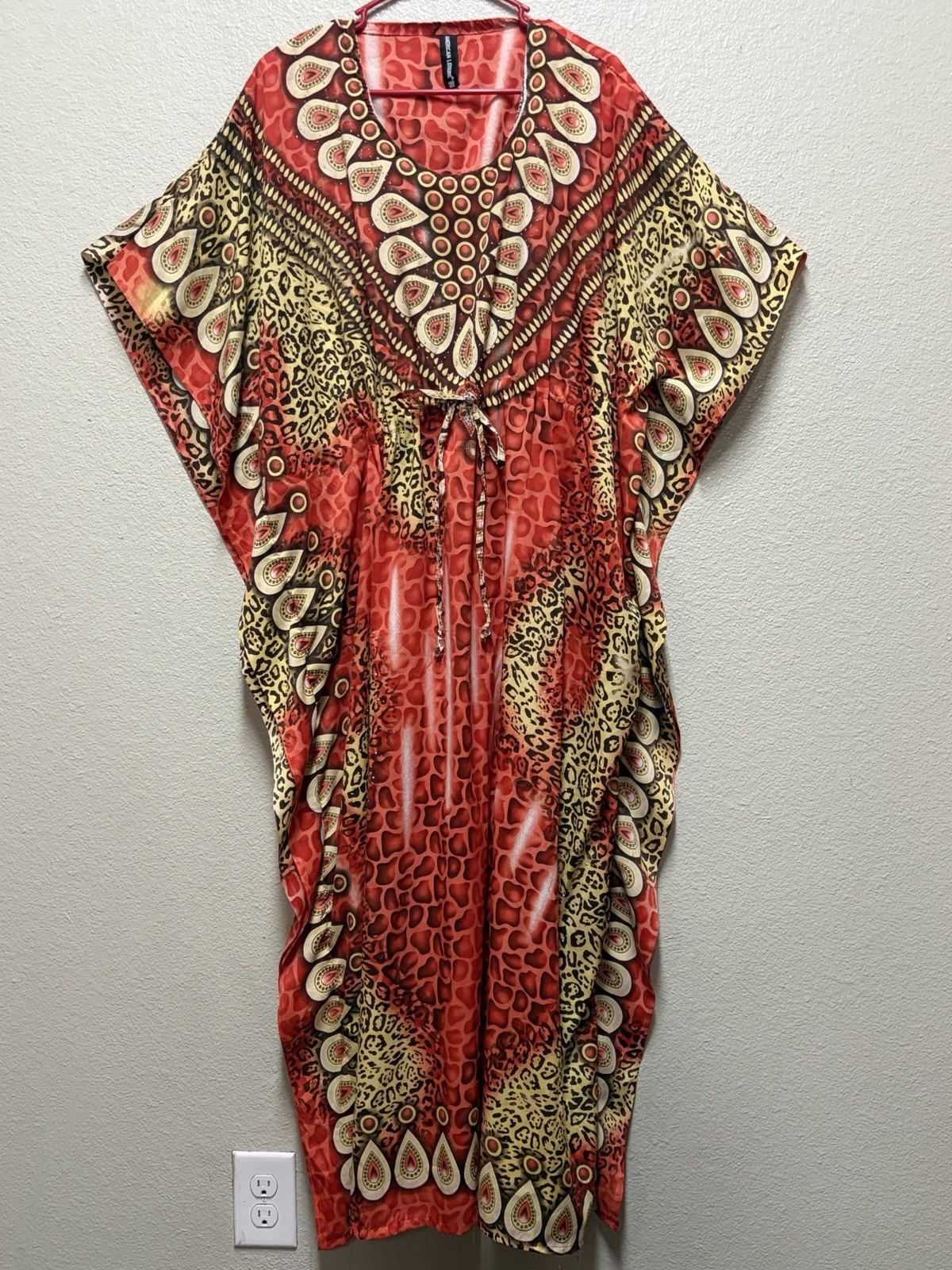 American Leisure Red Brown Beige Animal Print Kaftan Dress Round Neck Long One