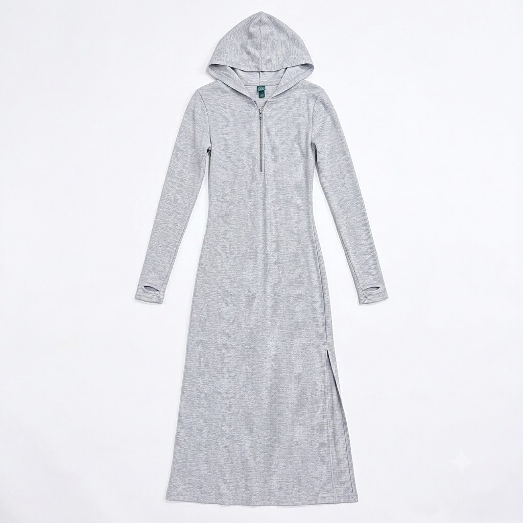Wild Fable Hooded Long Sleeve Side Slit Ribbed Maxi Dress Gray Womens XS