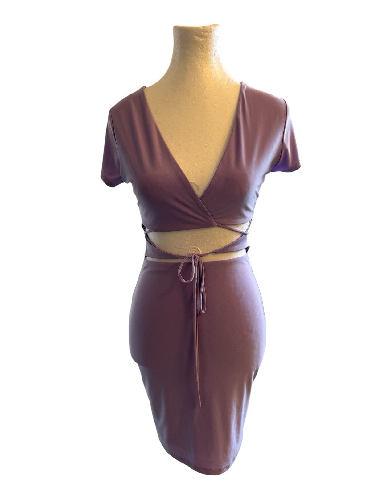 Tresser Women’s Lavender Wrap Front Bodycon Dress with Waist Tie, Size M
