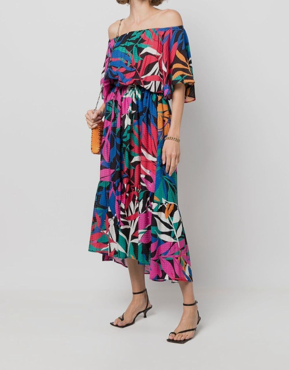 $920 Eres Women’s Blue Silk Floral Off-Shoulder A-Line Dress Size 1
