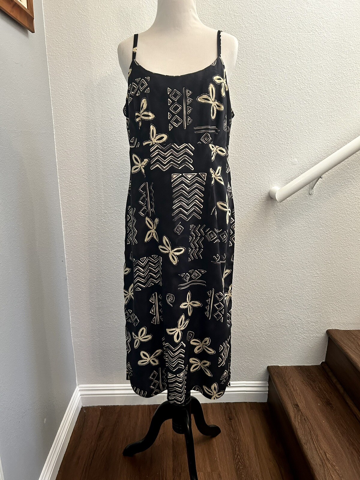 BLACK TAN SPAGHETTI STRAP HAWAIIAN MUUMUU HULA DRESS SIZE L