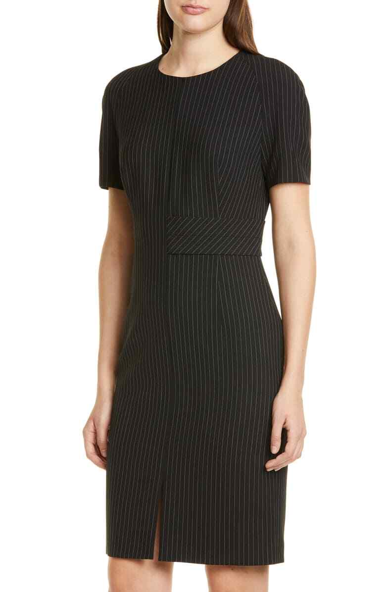 HUGO BOSS DEDORI PINSTRIPE PONTE SHEATH DRESS sz 14 US/ 18 UK