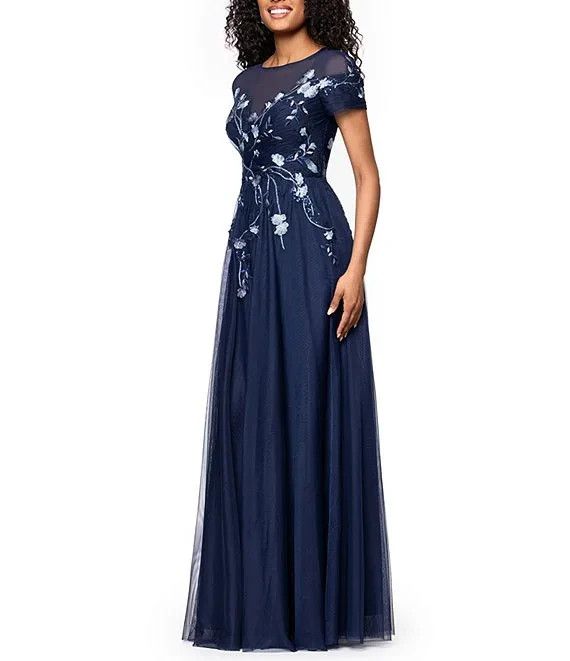 Betsy & Adam Navy Blue Embroidered Sequin Floral Bodice Mesh Gown Size 10 $319