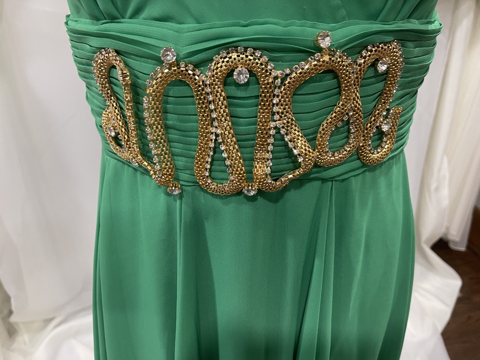 Masquerade women’s 13/14 lined formal dress green strapless back zip belted NWT