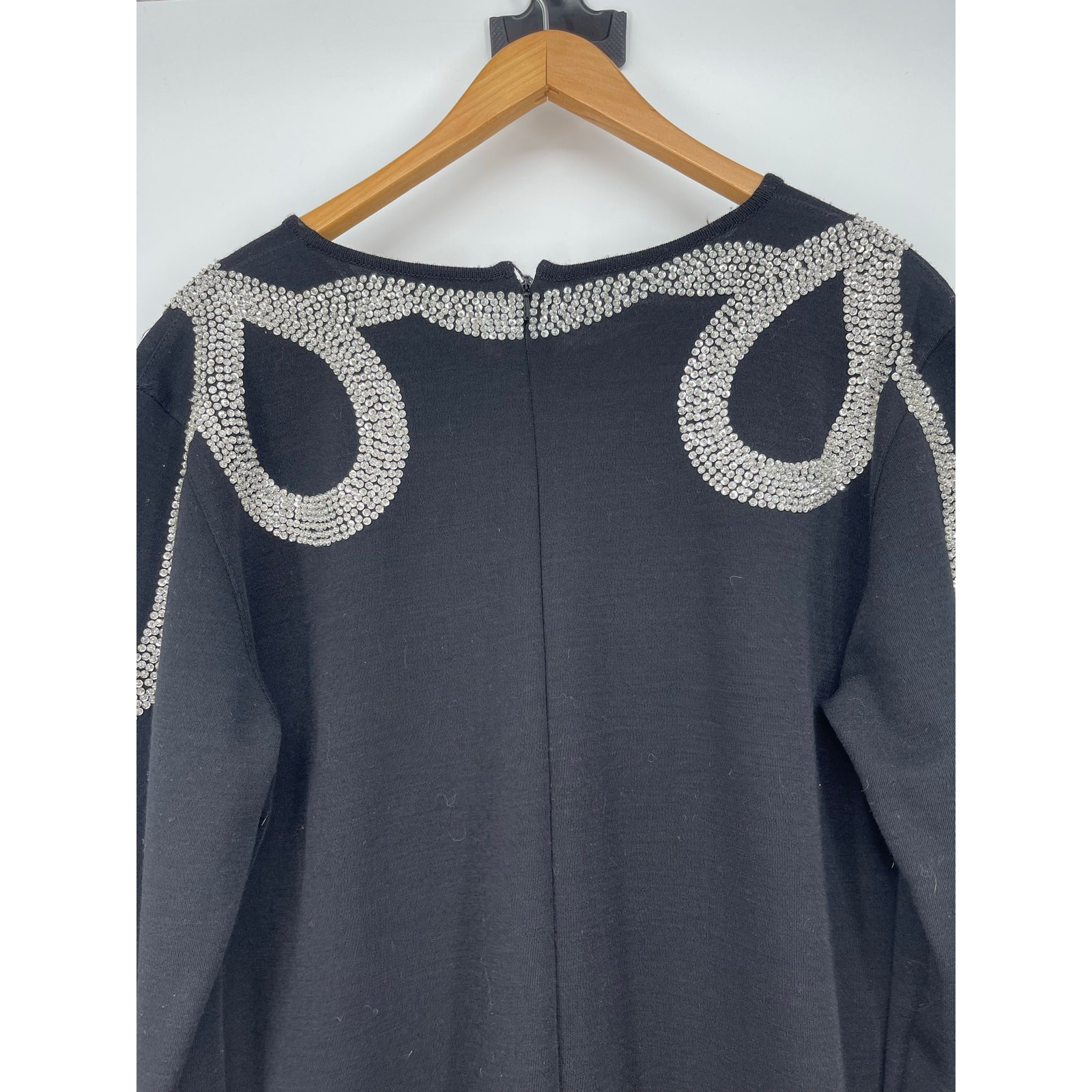 VTG Adrienne Vittadini Wool Beaded Bow Dress Black Long Sleeve 80s Sz 14 Evening