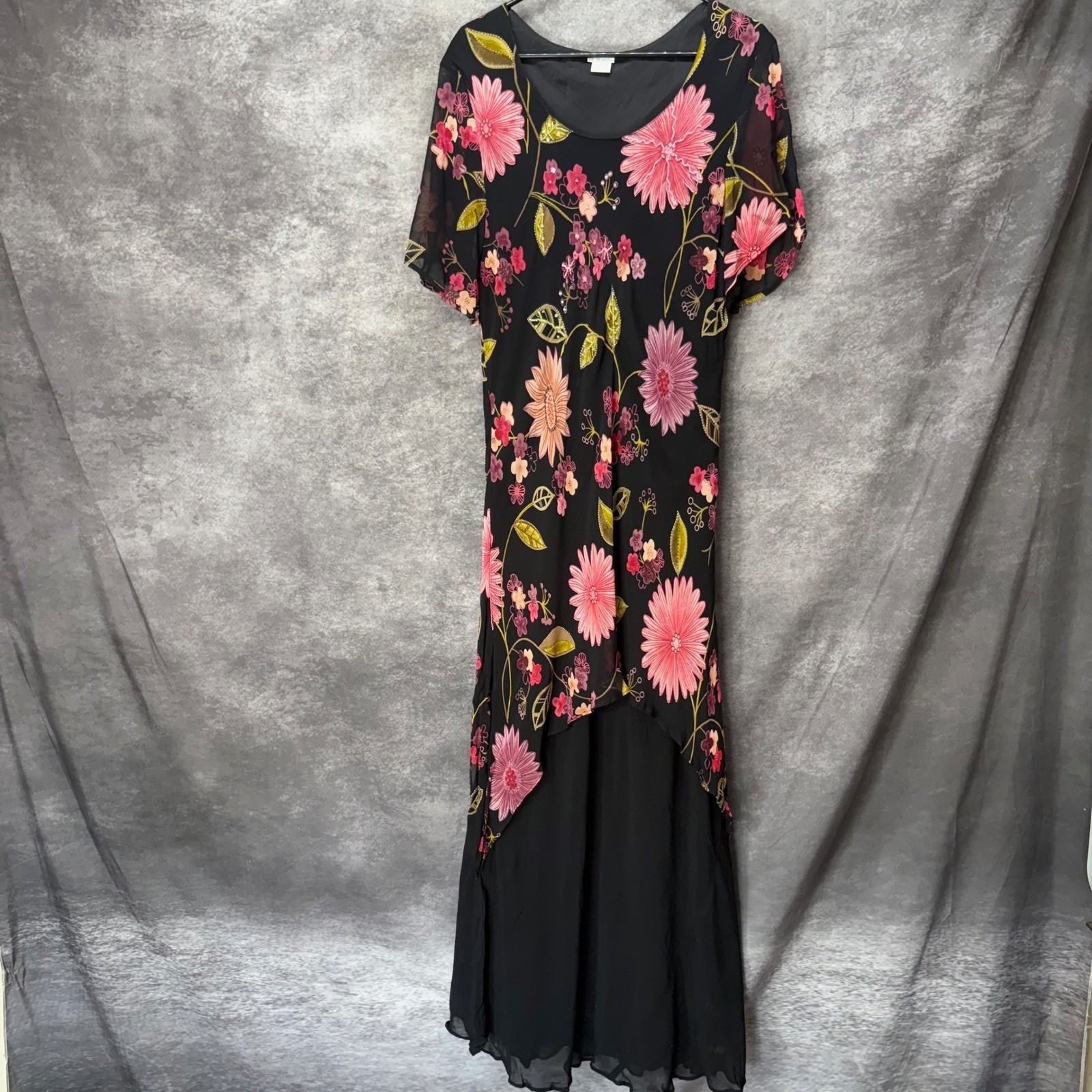 Y2K c. Rose Floral Fairy Maxi Dress Size 1X Black Pink Beaded Ruffle Hem Layered