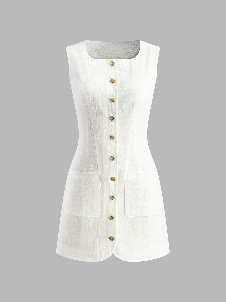 COMMENSE White Sleeveless Button Front Cotton Mini Shirt Dress Cinch Waist XL