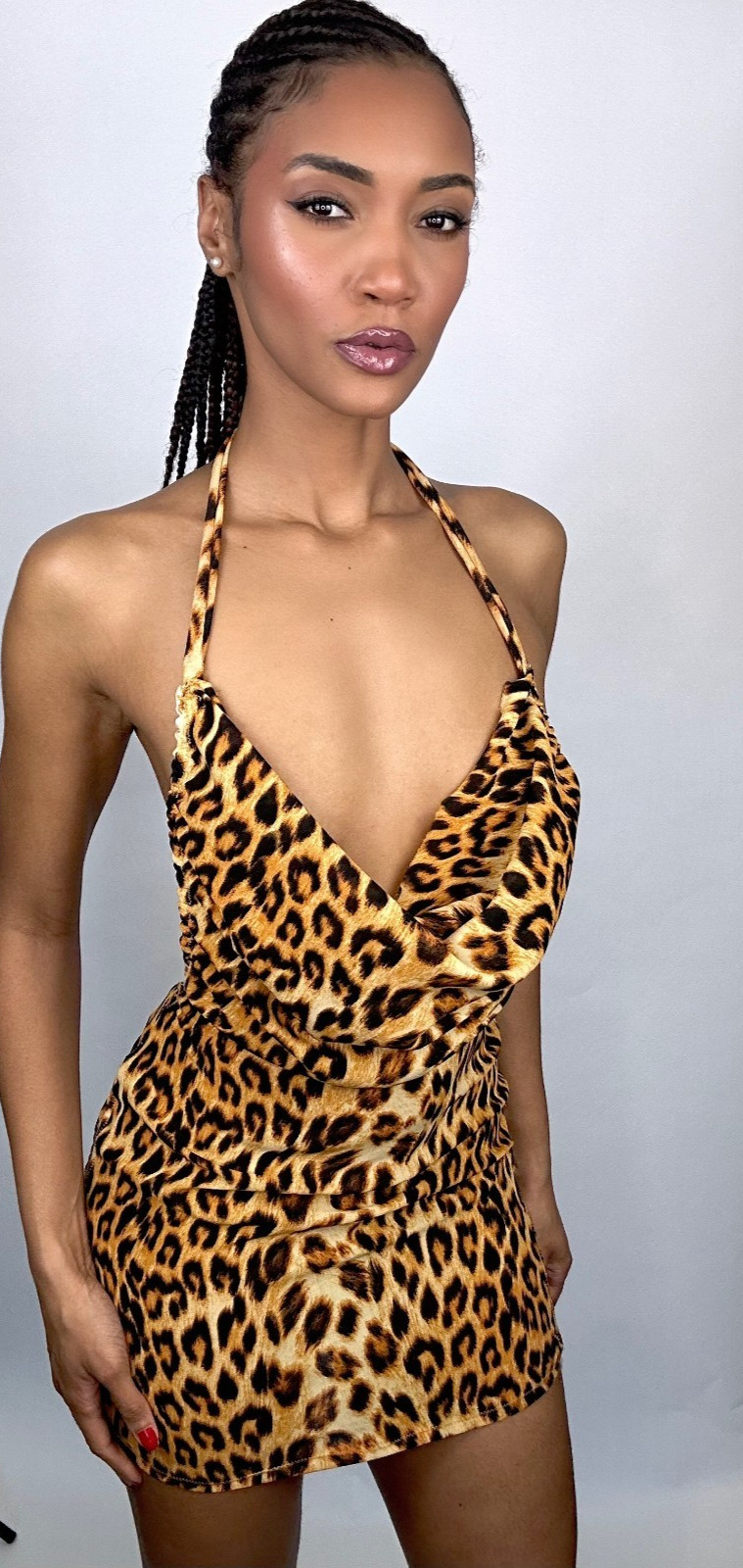 Custom Cheetah Print Backless Eva Cowl Neck Dress
