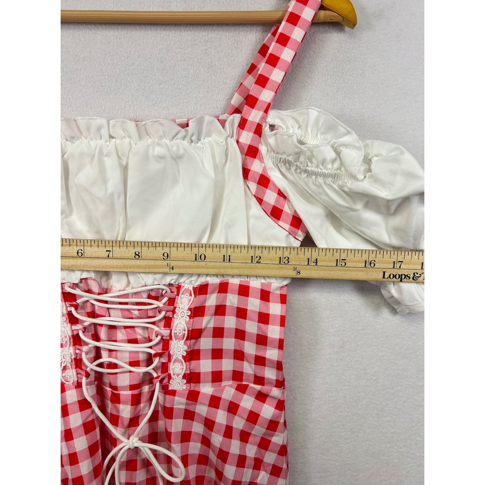 Mod Red Gingham Off Shoulder Lace Up Puff Sleeve Dress Size S NWT