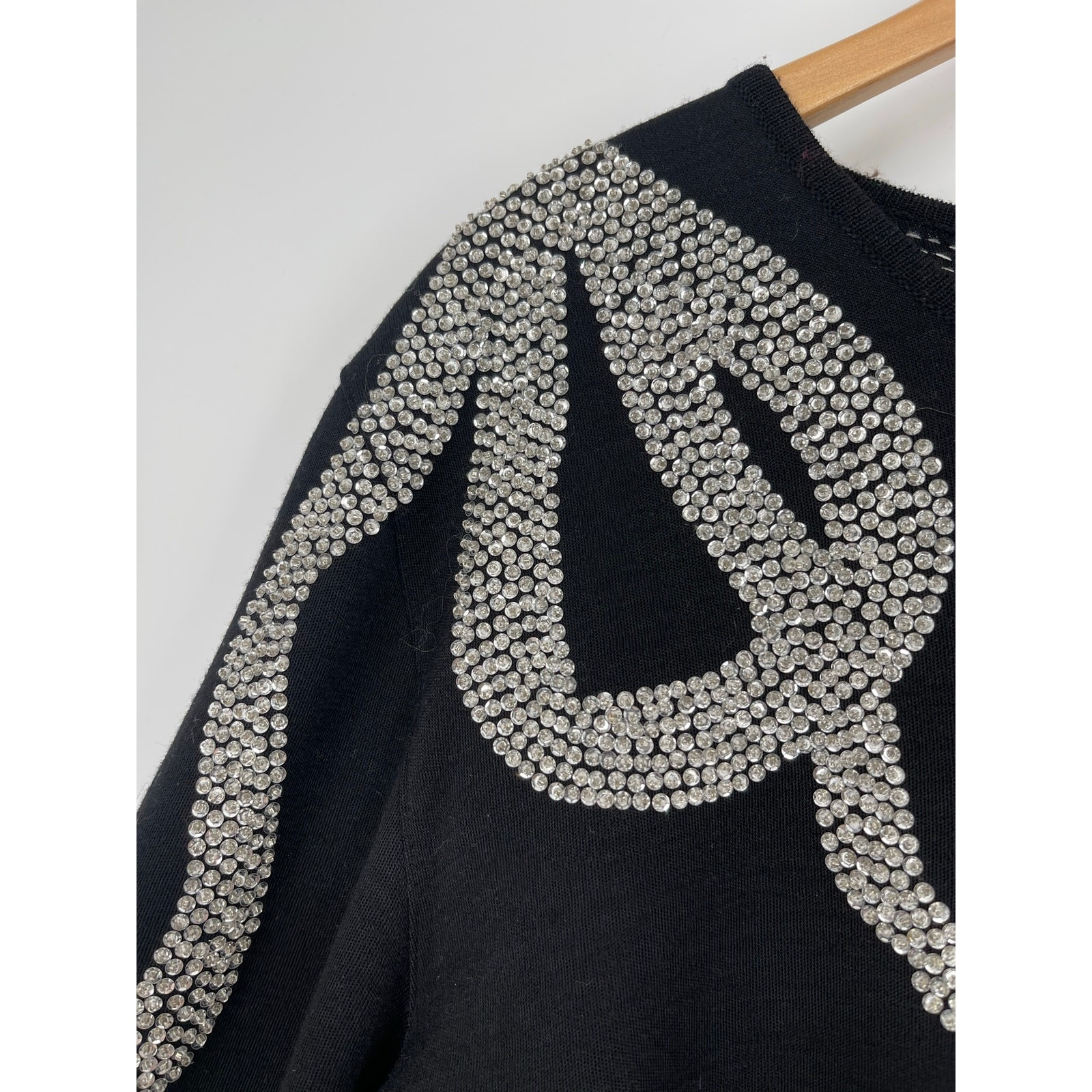 VTG Adrienne Vittadini Wool Beaded Bow Dress Black Long Sleeve 80s Sz 14 Evening