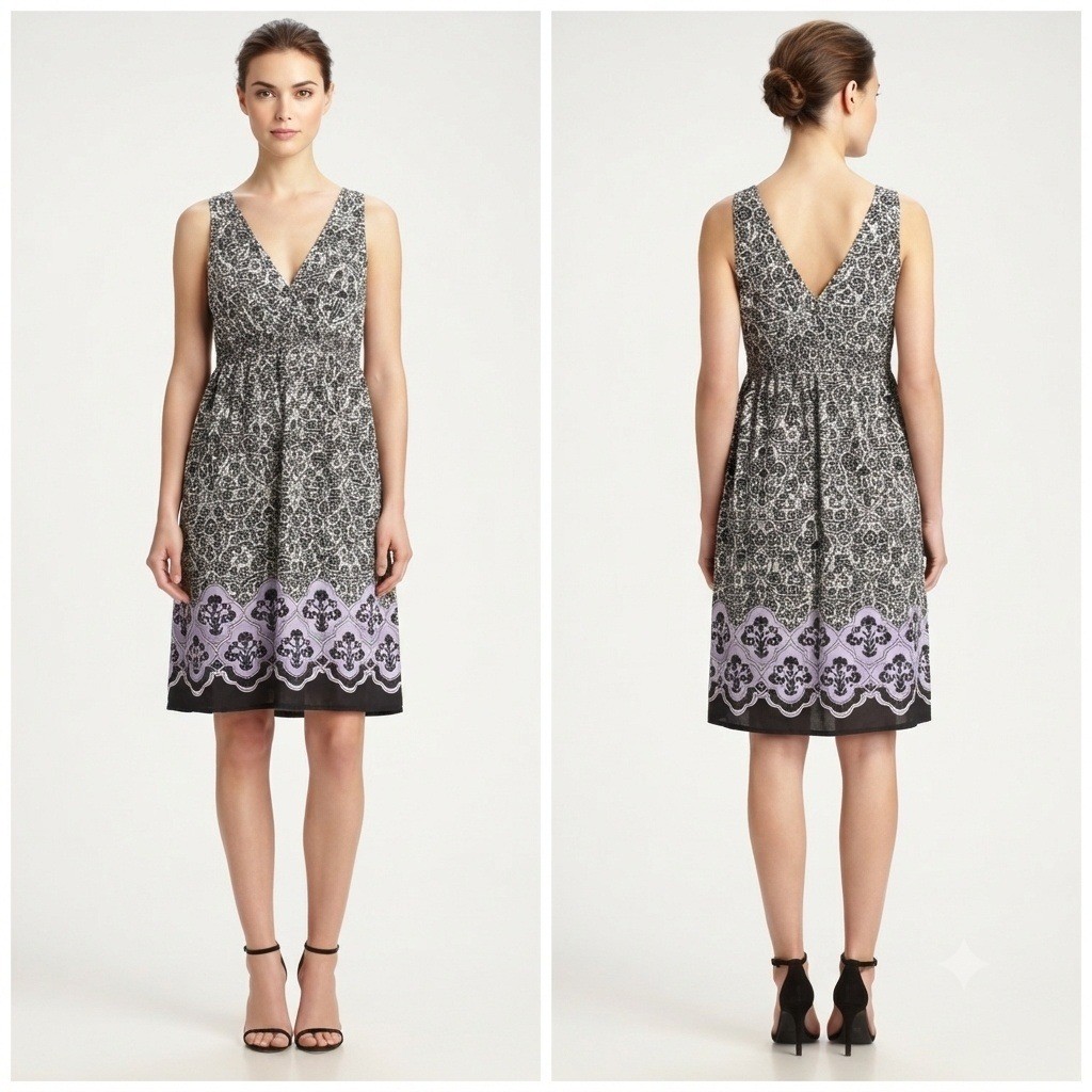 Sonoma Life + Style Dress Womens XL Cotton Floral V-Neck Smocked Black Purple