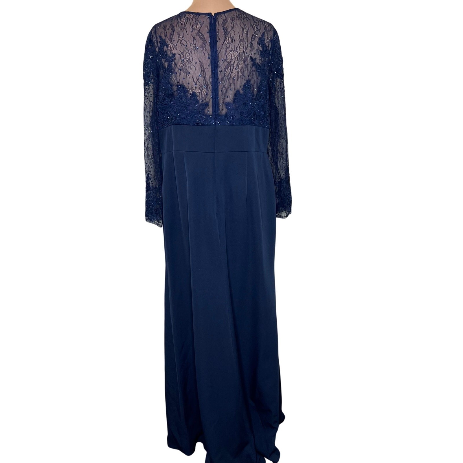 Plus Size Navy Blue Long Sleeves Beaded Lace Slit Formal Mother of Bride Dresses