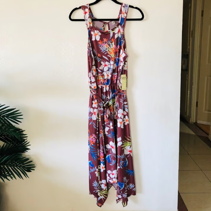 Perseption Tropical Floral Sleeveless Dress Keyhole Back M