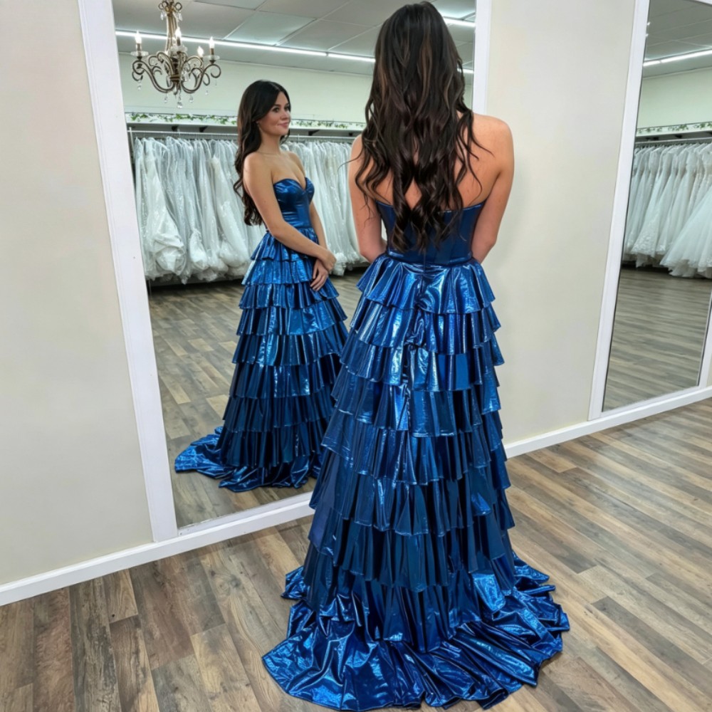 Prom Queen Dress Ruffle Metallic Corset Long Pageant Evening Cocktail Party Gown