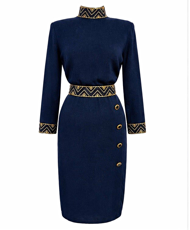 Vintage St John by Marie Gray Navy Knit Dress Gold Trim Removable Belt Sz 6