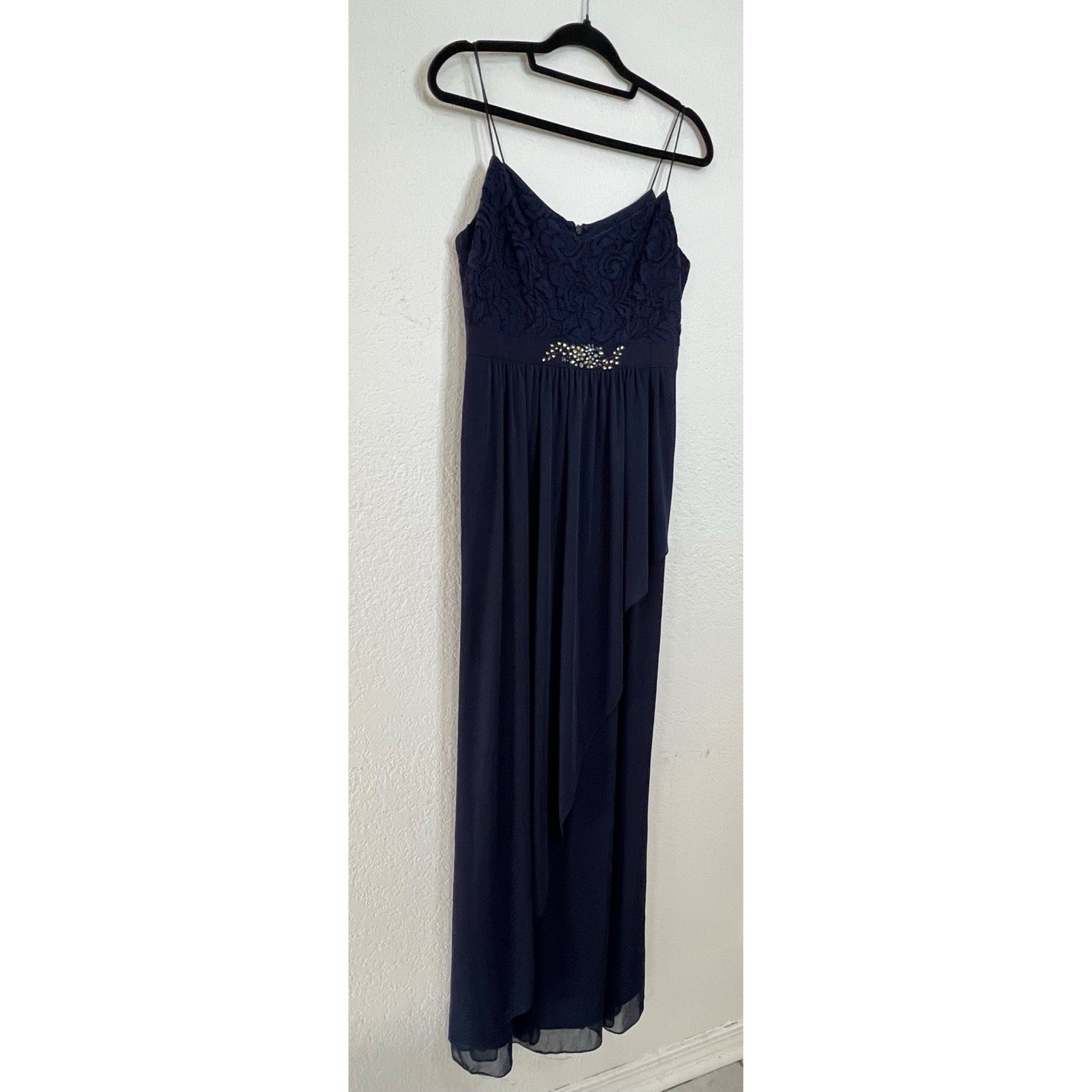 Adrianna Papell Navy Blue Long Formal Rhinestone Lace Gown Dress Women’s Size 8