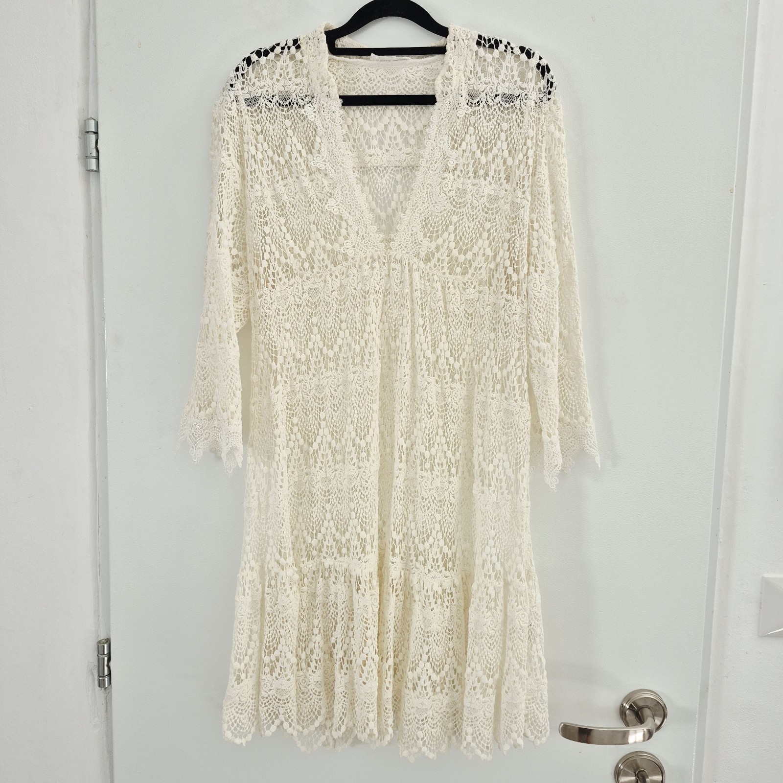 Lolita Jaca St Barth Ivory Crochet Resort Beach Dress M 3/4 Sleeves 100% Silk