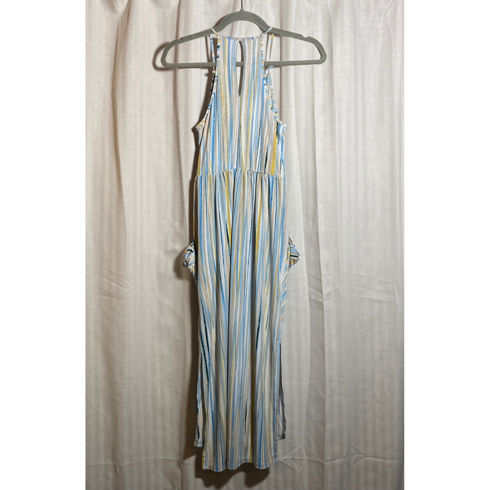 BCBGeneration Blue Yellow Striped Draped Pocket Midi Dress XS Sleeveless V-Neck