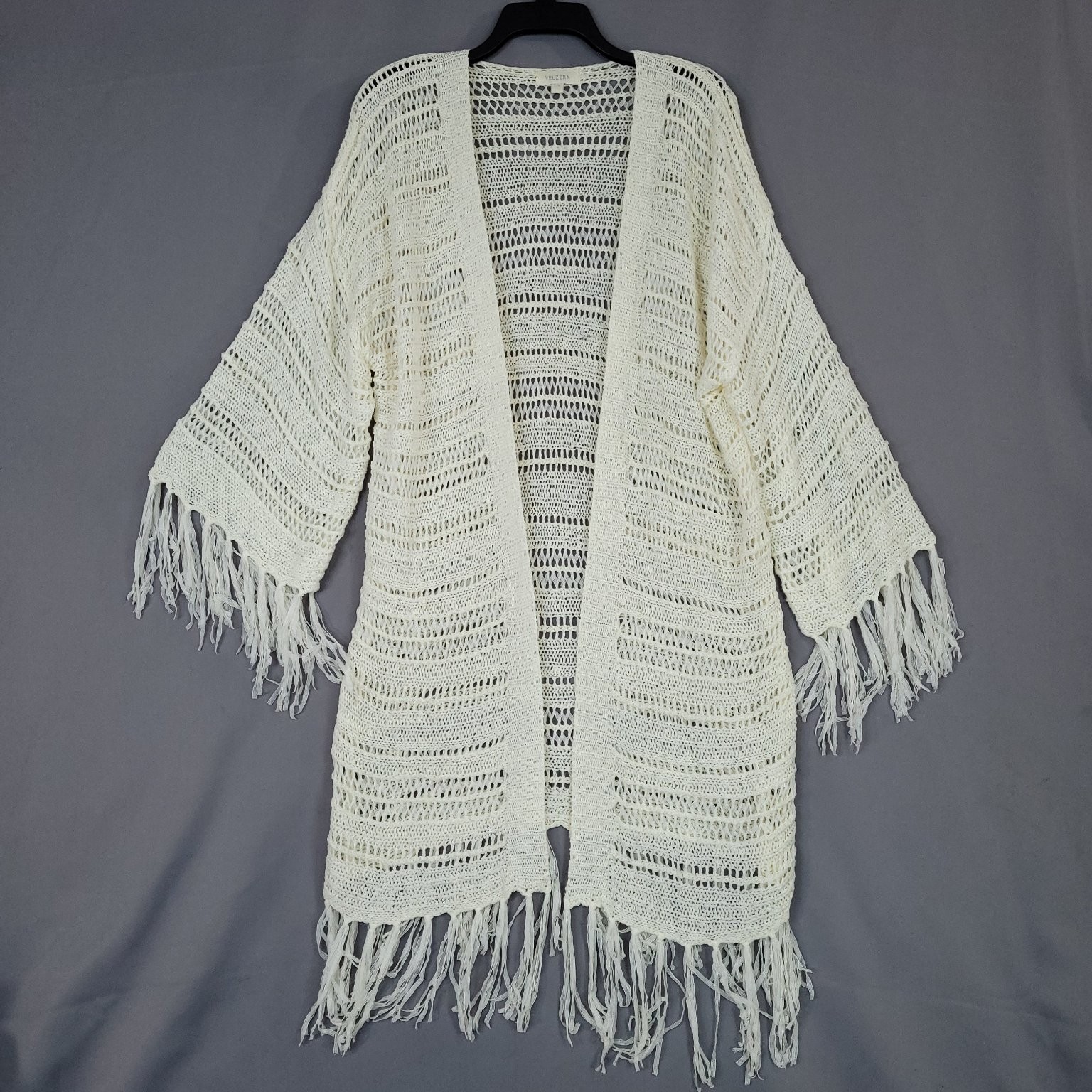Velzera Women’s Cream Crochet Kimono L/XL Cotton Acrylic Fringe