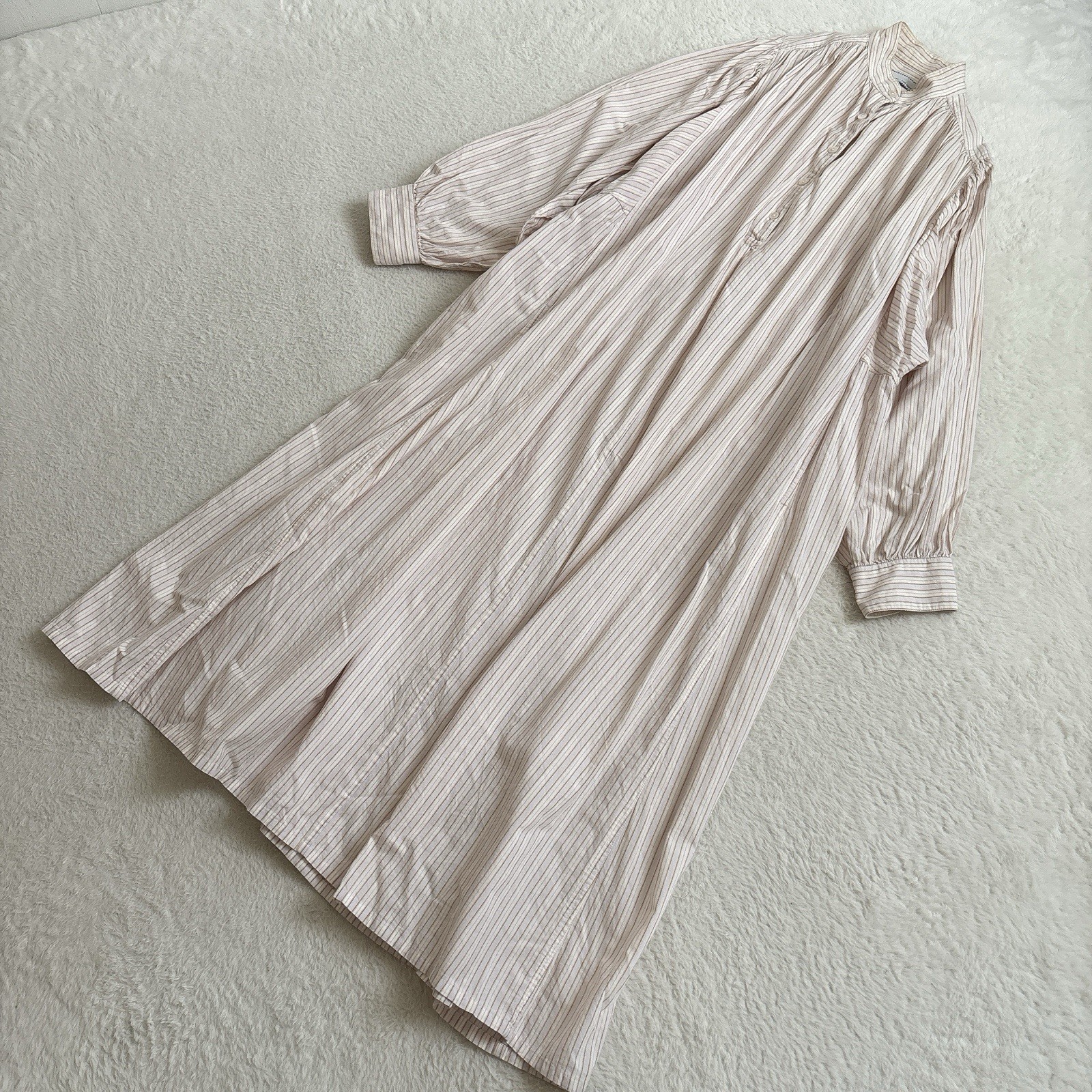 TEN × Ron Herman Striped Cotton Maxi Shirt Dress Pink Long Sleeve Gathered Japan