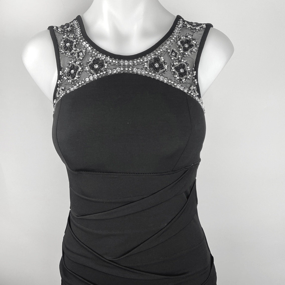 Deb Black Beaded Embroidered Sleeveless Ruched Cocktail Bodycon Mini Dress Sz S