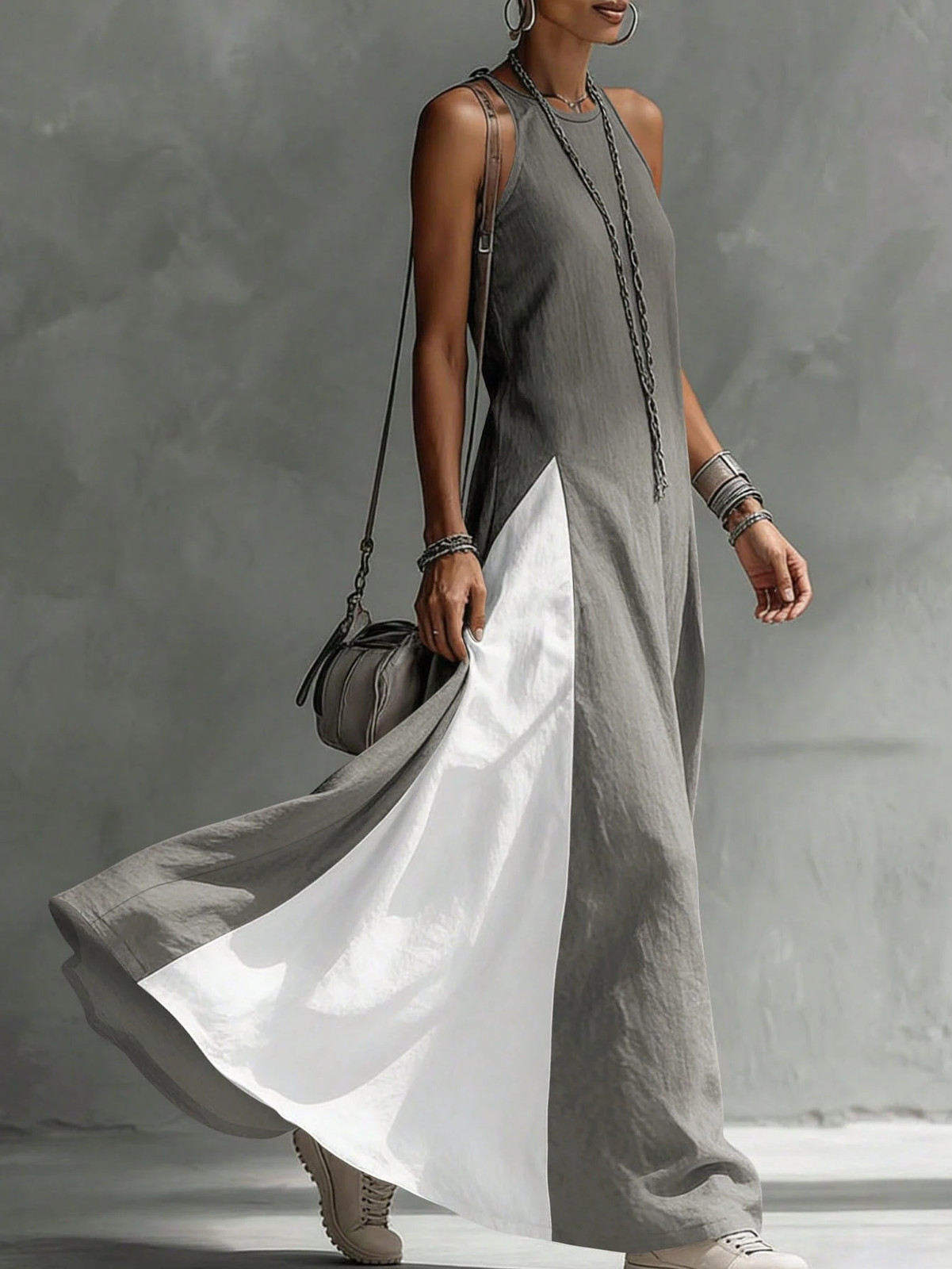 Womens Linen Blend Long Dress With Spaghetti Straps