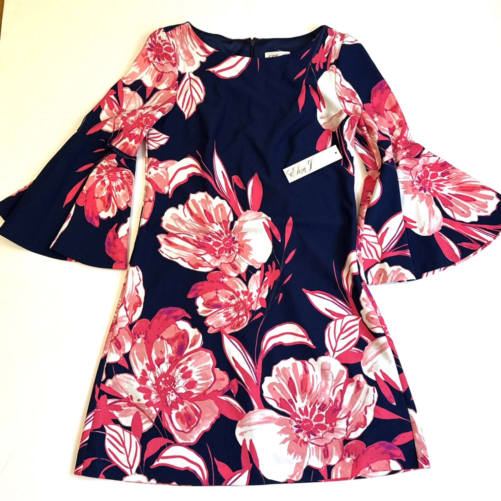 ELIZA J NWT $128 Beautiful Blue Pink Coral Floral Bell Sleeve Dress 6 Small NEW